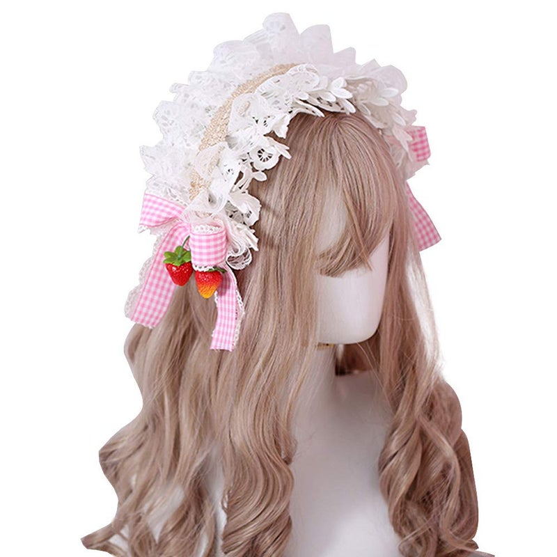 YOMORIO Womens Strawberry Maid Cosplay Hair Hoop Lolita Cute Bows Headwear Vintage Lace Hairband (White) - Image 2
